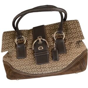 Vintage Coach Large Signature Flap Satchel Brown Suede Shoulder Bag F10929